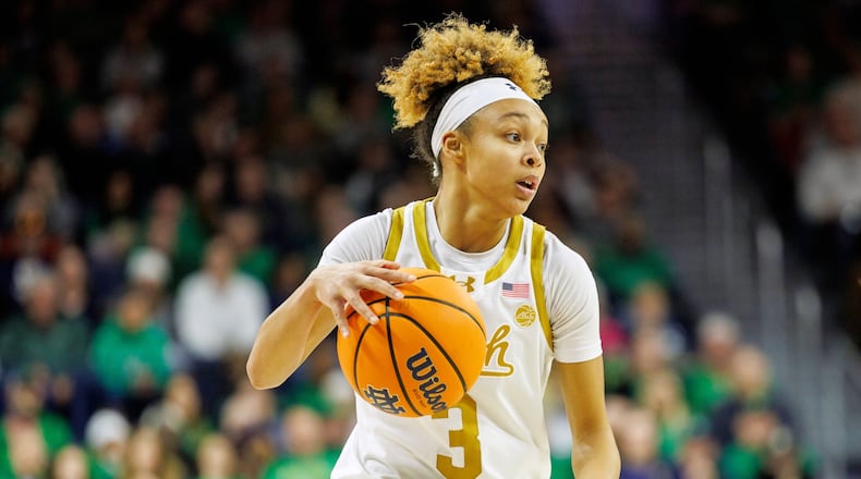 FILE - Notre Dame guard Hannah Hidalgo (3) during the first half of an NCAA college basketball game against Duke, Monday, Feb. 17, 2025, in South Bend, Ind. (AP Photo/John Mersits, File)