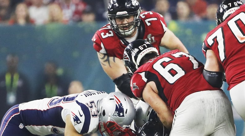FEBRUARY 5, 2017 HOUSTON TX Atlanta Falcons quarterback Matt Ryan (2) gets sacked and forces an Atlanta punt as the Atlanta Falcons meet the New England Patriots in Super Bowl LI at NRG Stadium in Houston, TX, Sunday, February 5, 2017. Bob Andres/AJC