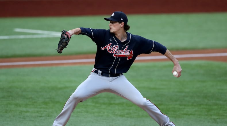 Atlanta Braves starting pitcher Max Fried delivers against the Los Angeles Dodgers during the first inning in Game 6 of the National League Championship Series on Saturday, Oct. 17, 2020, at Globe Life Field in Arlington, Texas. (Curtis Compton/Atlanta Journal-Constitution/TNS)