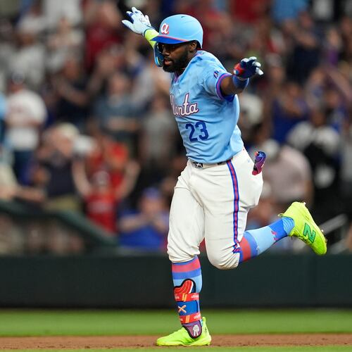 Atlanta Braves' Michael Harris II celebrates hitting a two-run home run in the sixth inning of a baseball game against the Cleveland Guardians, Friday, April 10, 2026, in Atlanta. (Mike Stewart/AP)