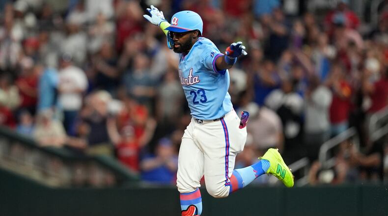 Atlanta Braves' Michael Harris II celebrates hitting a two-run home run in the sixth inning of a baseball game against the Cleveland Guardians, Friday, April 10, 2026, in Atlanta. (Mike Stewart/AP)
