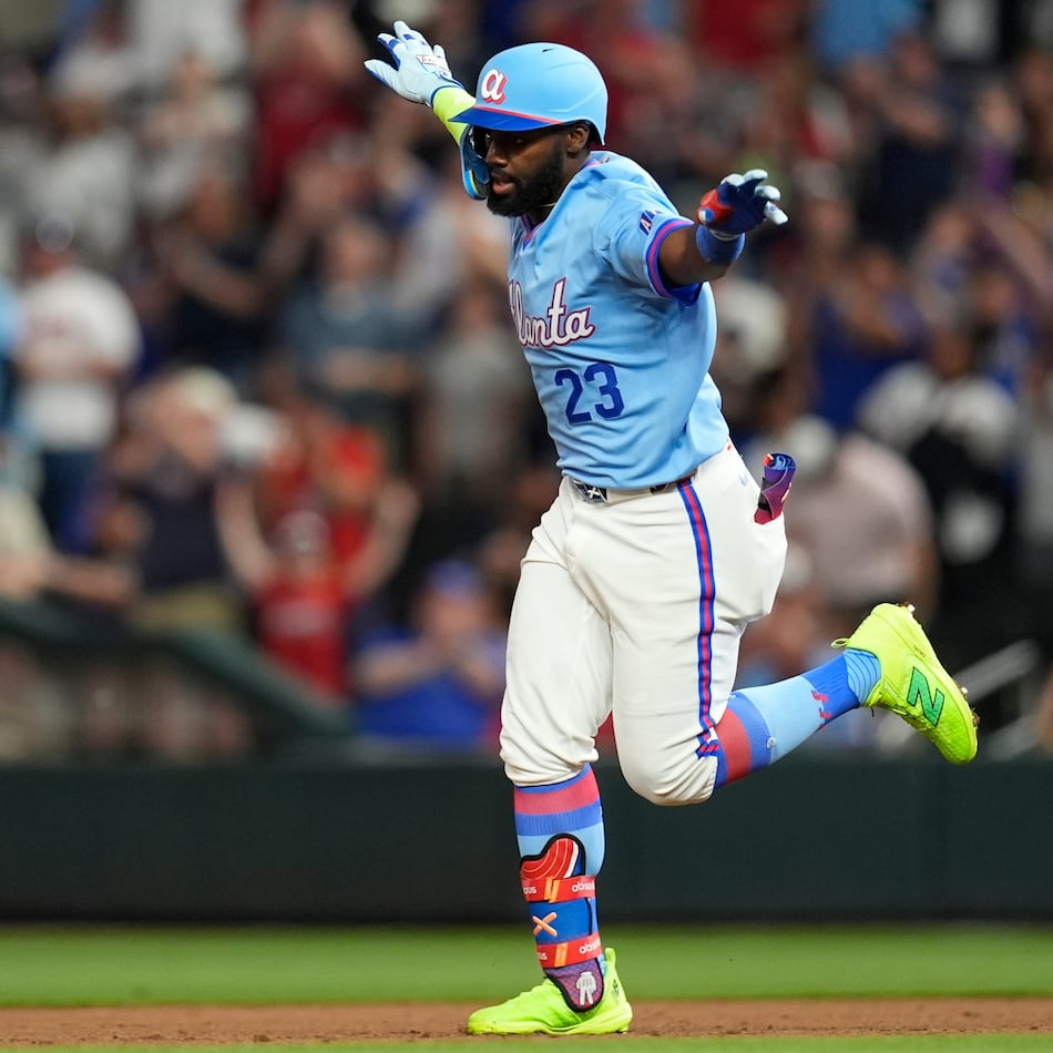 Atlanta Braves' Michael Harris II celebrates hitting a two-run home run in the sixth inning of a baseball game against the Cleveland Guardians, Friday, April 10, 2026, in Atlanta. (Mike Stewart/AP)