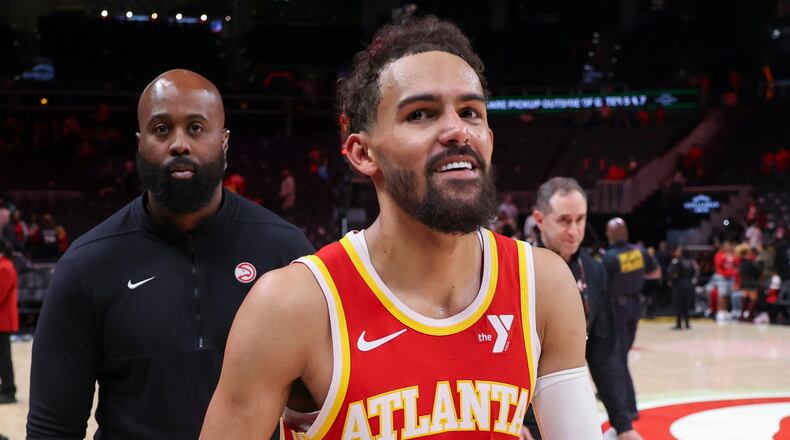 Atlanta Hawks guard Trae Young (11) walks off of the court after their 120-116 win against the Brooklyn Nets at State Farm Arena, Wednesday, Oct. 23, 2024, in Atlanta. (Jason Getz/The Atlanta Journal-Constitution/TNS)