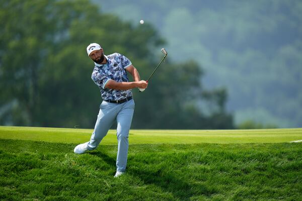 Jon Rahm, of Spain, plays his ball on the 17th hole during the first round of the U.S. Open golf tournament at Oakmont Country Club Thursday, June 12, 2025, in Oakmont, Pa. (AP Photo/Seth Wenig)