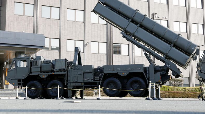 The Type-12 land-to-ship missile launcher is shown at the Camp Kengun in the Kumamoto prefecture, western Japan, on March 17, 2026. (Kyodo News via AP)