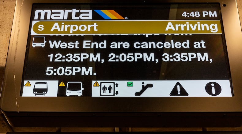 MARTA announces some train and bus trips are canceled on Tuesday. A spike in COVID-19 among employees has contributed to disruptions in metro Atlanta transit services in recent weeks. (Jenni Girtman for The Atlanta Journal-Constitution)