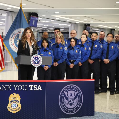 U.S. Homeland Security Secretary Kristi Noem speaks at a news conference at Harry Reid International Airport, Saturday, Nov. 22, 2025, in Las Vegas. (AP Photo/Ronda Churchill)