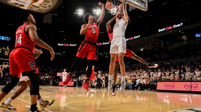 Georgia Tech center Rodney Howard scores on a dunk against N.C. State Feb. 15, 2022 at McCamish Pavilion. (Anthony McClellan/Georgia Tech Athletics)