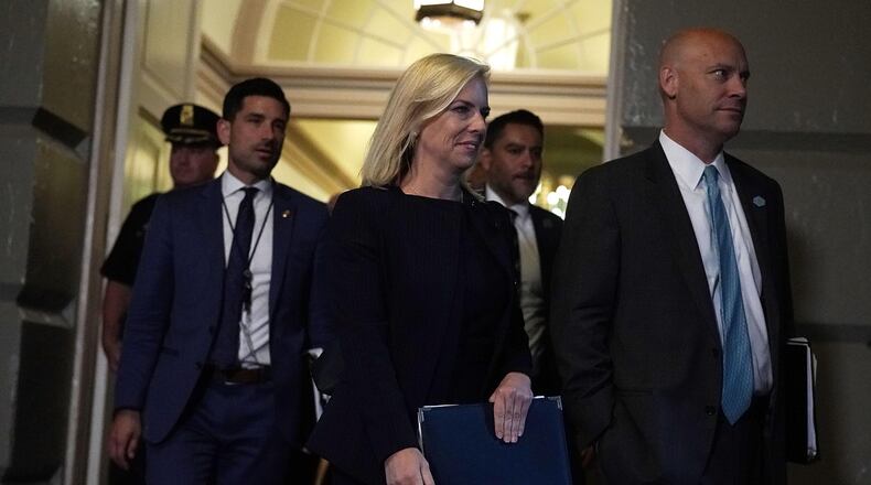 U.S. Secretary of Homeland Security Kirstjen Nielsen (3rd R) and White House Director of Legislative Affairs Marc Short (R) arrive at a meeting between U.S. President Donald Trump and House Republicans at the U.S. Capitol June 19, 2018 in Washington, DC. Trump was on the Hill to discuss immigration with House Republicans. (Photo by Alex Wong/Getty Images)