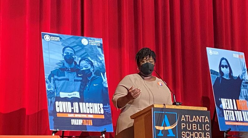 Atlanta Public Schools Superintendent Lisa Herring urged employees and eligible students to get vaccinated during a Thursday news conference at Jeans Child Young Middle School in southwest Atlanta. VANESSA McCRAY/AJC