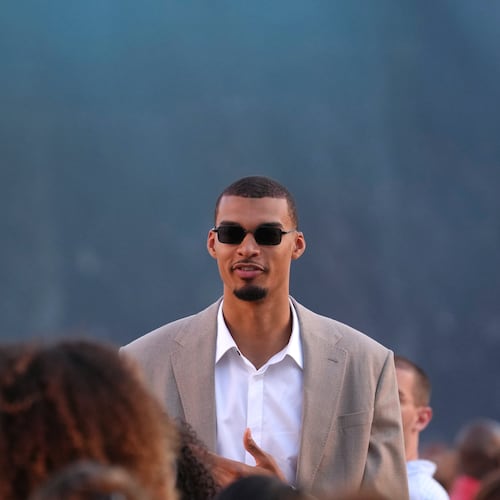 Victor Wembanyama arrives for the Louis Vuitton men's Spring Summer 2027 collection presented in Paris, France, Tuesday, June 23, 2026. (AP Photo/Aurelien Morissard)