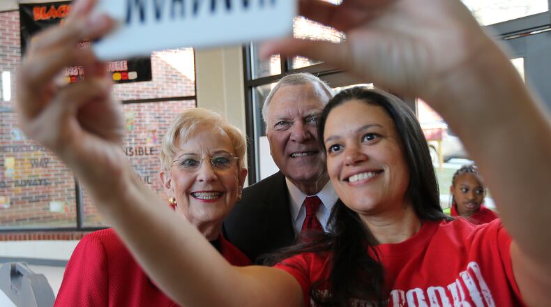 Atlanta Public Schools Superintendent Meria Carstarphen takes a selfie with Gov. Nathan Deal and First Lady Sandra Deal last week. Ben Gray / bgray@ajc.com