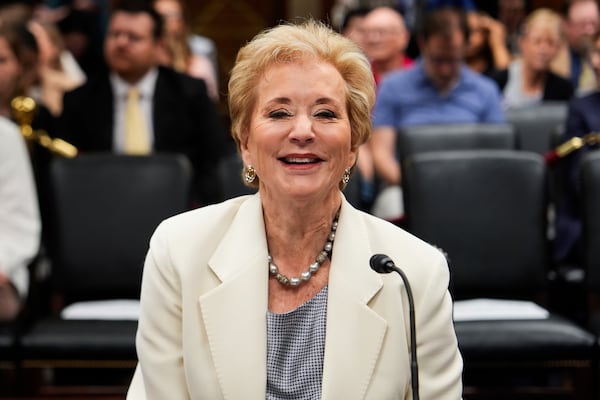 Education Secretary Linda McMahon laughs before a Senate Appropriations hearing, Tuesday, June 3, 2025, on Capitol Hill in Washington. (AP Photo/Julia Demaree Nikhinson)