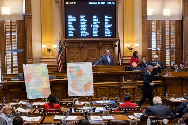The state Senate discusses the redistricting bill during the special legislative session at the Capitol in Atlanta last year. With newly drawn districts, Republicans maintained power and held every seat in Congress and the state Senate, while losing only two seats in the state House. (Arvin Temkar/AJC 2023)