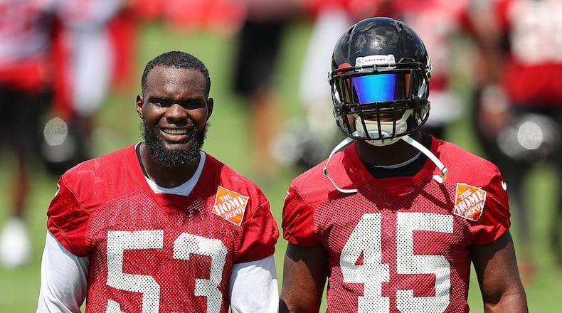 June 13, 2017, Flowery Branch: Falcons linebackers LaRoy Reynolds (left) and Deion Jones finish the first day of mini-camp on Tuesday, June 13, 2017, in Flowery Branch. Curtis Compton/ccompton@ajc.com