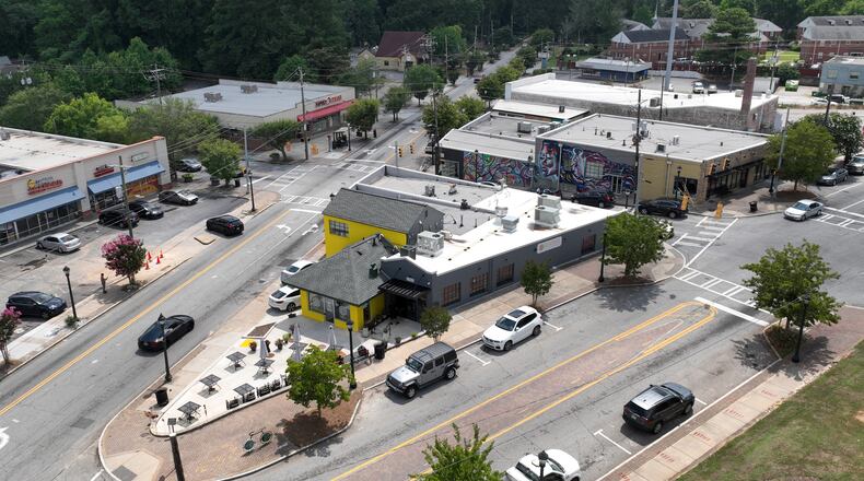 Aerial photograph of the triangular land parcel where Oreatha's At The Point (gray building on the right) is located on Cascade Road in Cascade Heights. (Hyosub Shin / Hyosub.Shin@ajc.com)