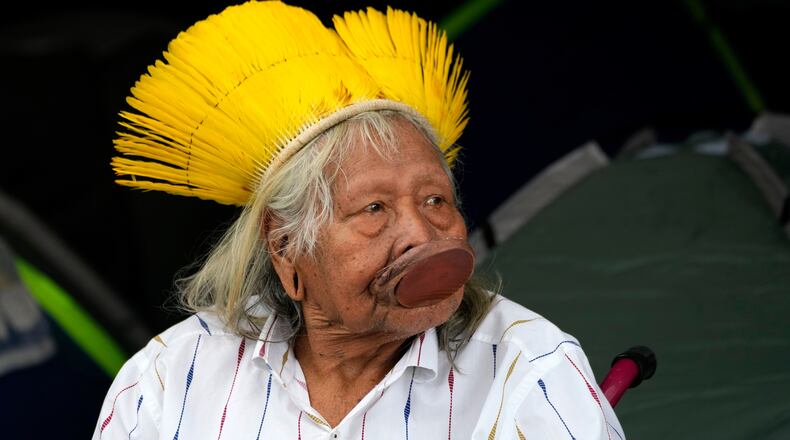FILE - Kayapo leader Raoni Metuktire looks on in Brasilia, Brazil, April 9, 2026. (AP Photo/Eraldo Peres, File)