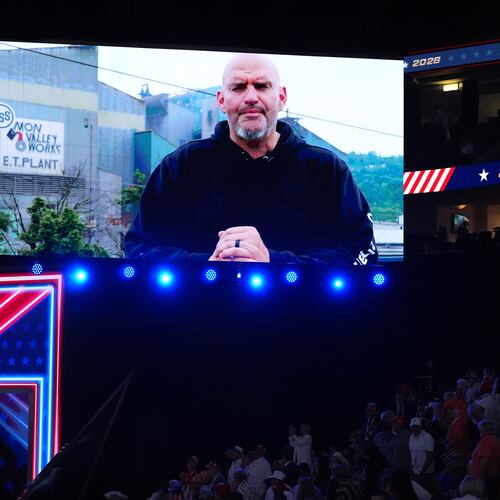 A video featuring Sen. John Fetterman, D-Pa., plays at the Republican convention Wednesday, Sept. 9, 2026, in Dallas. (AP Photo/Alex Brandon)