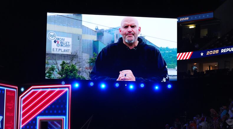 A video featuring Sen. John Fetterman, D-Pa., plays at the Republican convention Wednesday, Sept. 9, 2026, in Dallas. (AP Photo/Alex Brandon)