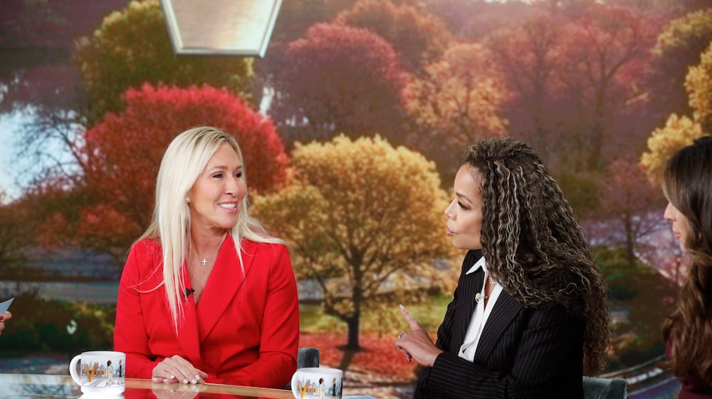 U.S. Rep. Marjorie Taylor Greene (from left) speaks with “The View” hosts Sunny Hostin and Alyssa Farah Griffin on Tuesday, Nov. 4, 2025. The daytime talk show gave Greene a chance to run down her positions on everything from the government shutdown to the drug wars. (Lou Rocco/ABC)