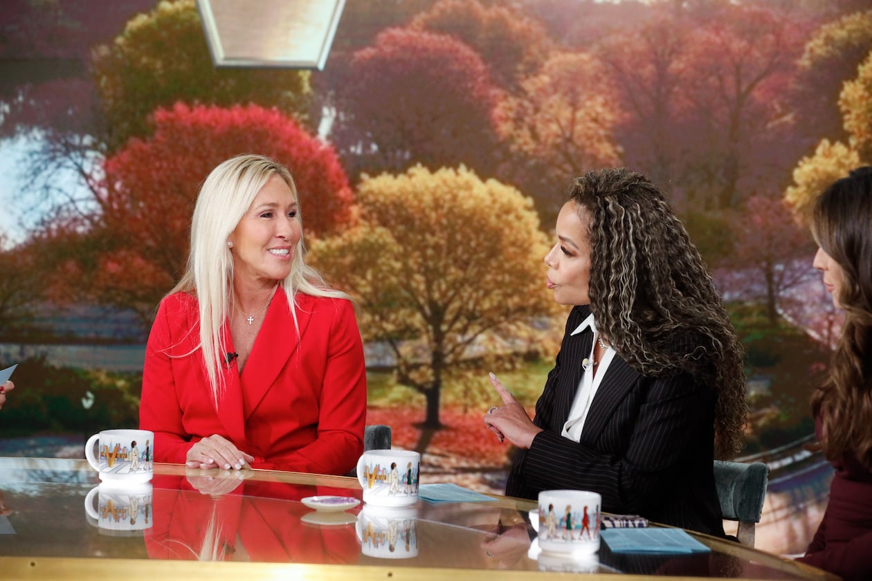U.S. Rep. Marjorie Taylor Greene (from left) speaks with “The View” hosts Sunny Hostin and Alyssa Farah Griffin on Tuesday, Nov. 4, 2025. The daytime talk show gave Greene a chance to run down her positions on everything from the government shutdown to the drug wars. (Lou Rocco/ABC)