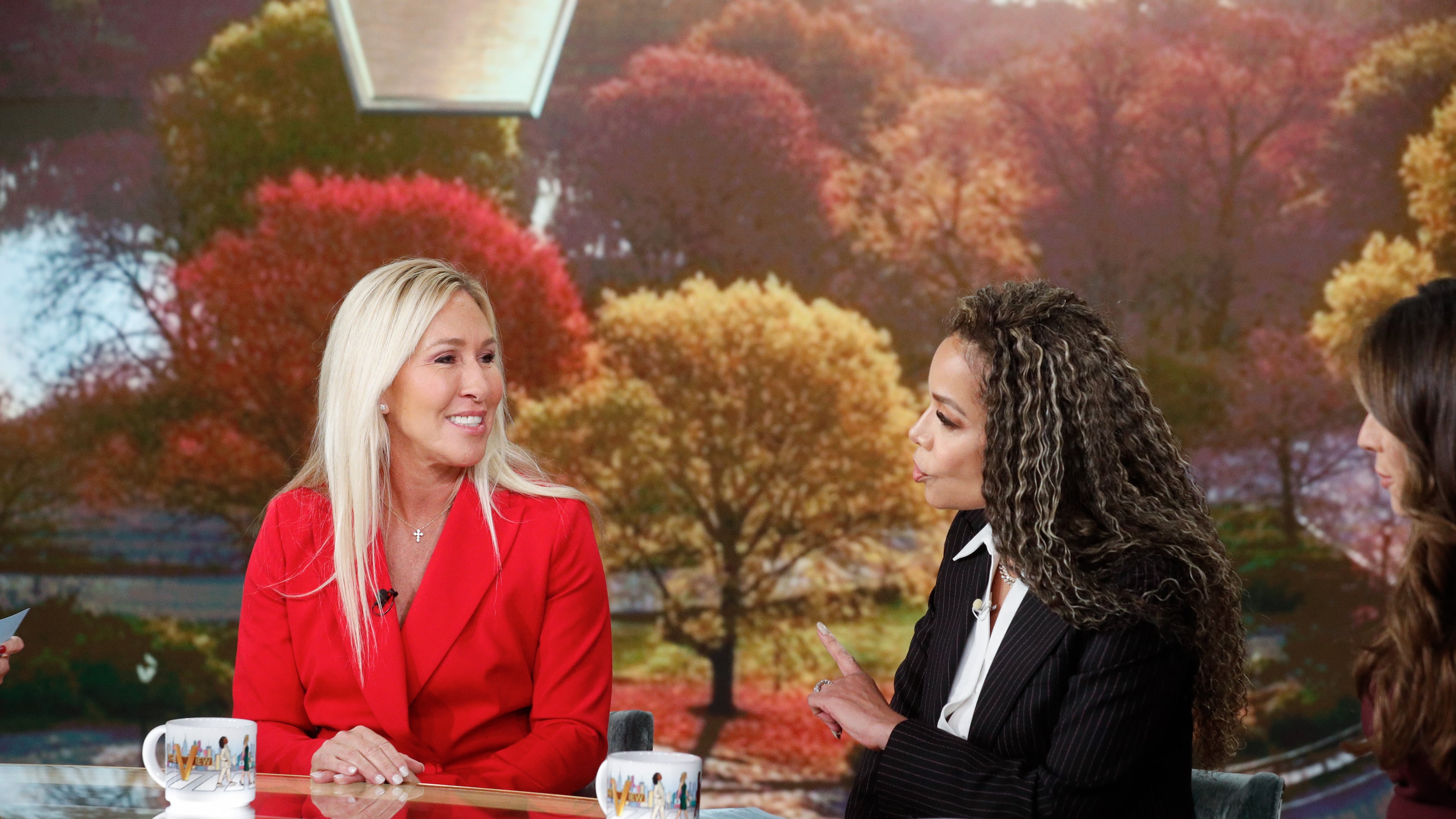 U.S. Rep. Marjorie Taylor Greene (from left) speaks with “The View” hosts Sunny Hostin and Alyssa Farah Griffin on Tuesday, Nov. 4, 2025. The daytime talk show gave Greene a chance to run down her positions on everything from the government shutdown to the drug wars. (Lou Rocco/ABC)