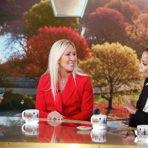 U.S. Rep. Marjorie Taylor Greene (from left) speaks with “The View” hosts Sunny Hostin and Alyssa Farah Griffin on Tuesday, Nov. 4, 2025. The daytime talk show gave Greene a chance to run down her positions on everything from the government shutdown to the drug wars. (Lou Rocco/ABC)