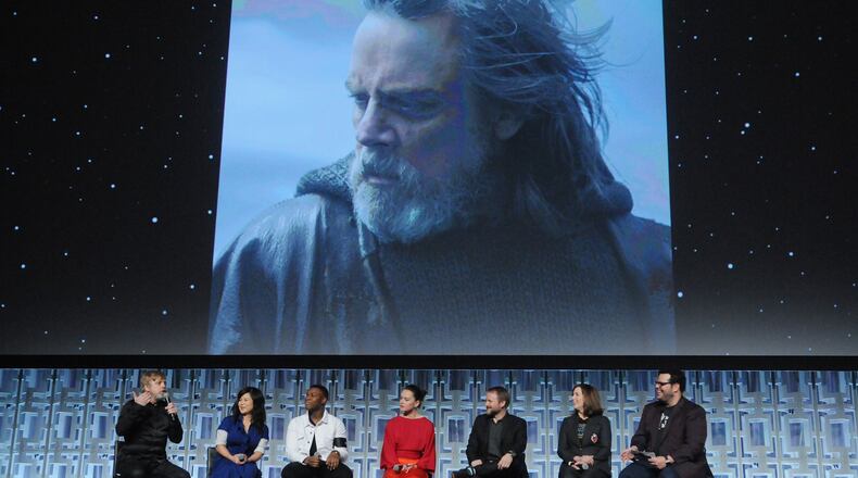 Mark Hamill, Kelly Marie Tran, John Boyega, Daisy Ridley, Rian Johnson, Kathleen Kennedy and Josh Gad attend the Star Wars: The Last Jedi panel during the 2017 Star Wars Celebration at Orange County Convention Center on April 14, 2017 in Orlando, Florida. (Photo by Gerardo Mora/Getty Images for Disney)