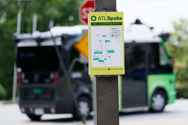 A map showing the pilot program route of the ATL Spoke bus is seen at the West End MARTA Station as one of the buses departs on Monday, June 1, 2026. The ATL Spoke autonomous pilot program’s first route connects the Beltline Southwest Trail with MARTA Rail. There are stops at MARTA West End Station, Joseph E. Lowery Blvd at Beecher Street, and two stops within the Lee + White district.  (Miguel Martinez/AJC)