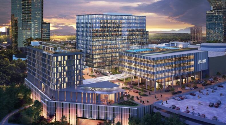 A rendering shows a new 12-story office tower, Nobu hotel and restaurant and a 60,000-square-foot Life Time fitness complex. SPECIAL from Simon