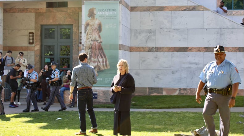 Emory University professor Noëlle McAfee observes a protest on campus on April 25, 2024. Photo Credit: Cindy Hernandez.
