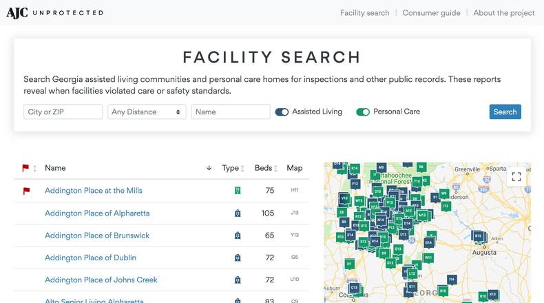 A screenshot of an AJC searchable database at ajc.com/unprotected of information on assisted living and large personal care homes.