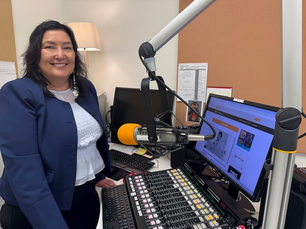 Jaclyn Sallee, president and chief operating for Koahnic Broadcast Corp., poses for a photo July 10, 2025, at the Anchorage, Alaska, studios of KBNA, the flagship station for National Native News. (AP Photo/Mark Thiessen)
