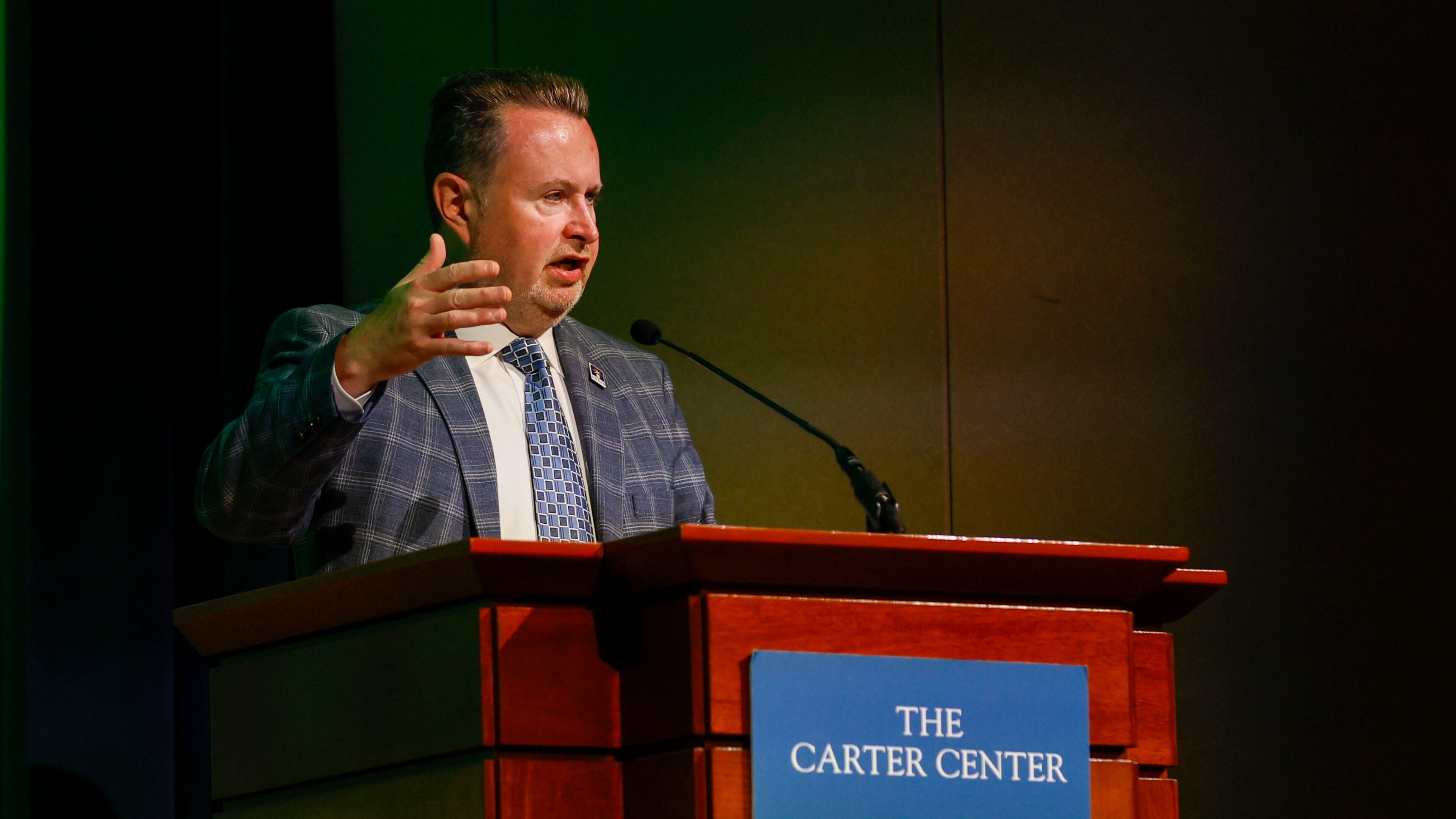 Kevin Tanner, Commissioner of the Department of Behavioral Health and Developmental Disabilities, delivered his remarks at the 29th Annual Roselyn Carter Mental Health Forum held at the Carter Center on Tuesday, May 20, 2025. 
(Miguel Martinez/ AJC)