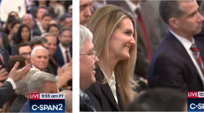 U.S. Rep. Doug Collins (left) and U.S. Sen. Kelly Loeffler both received shout-outs from President Donald Trump during remarks on Thursday, Feb. 6, 2020, following his acquittal on two impeachment charges. Screenshots taken from C-SPAN feed.