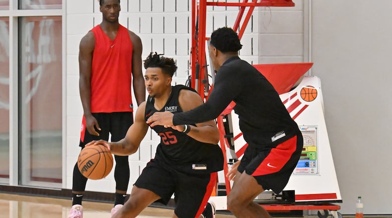 Hawks guard Tyson Etienne dribbles during practice Saturday in Atlanta. (Hyosub Shin / Hyosub.Shin@ajc.com)