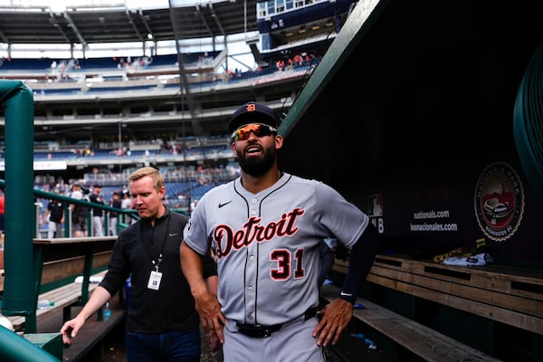Detroit Tigers' Riley Greene stands in the dugout following the ninth inning in the first baseball game of a doubleheader against the Washington Nationals, Wednesday, July 2, 2025, in Washington. (AP Photo/Julia Demaree Nikhinson)