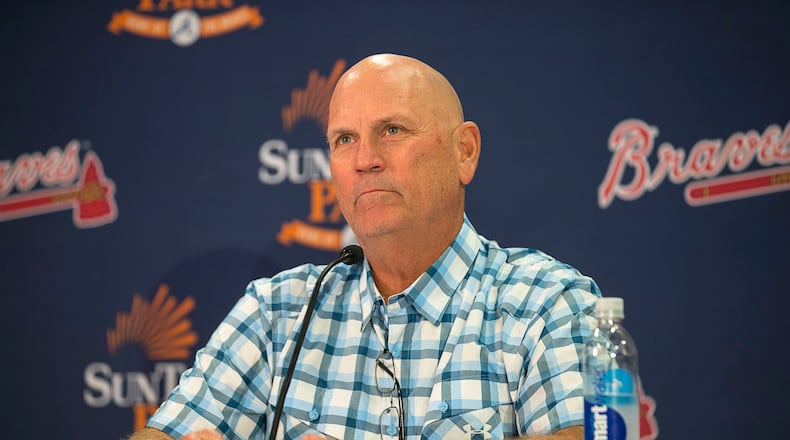 Braves manager Brian Snitker answers questions during a press conference a day after the  loss to the St. Louis Cardinals.  (Alyssa Pointer/Atlanta Journal Constitution)
