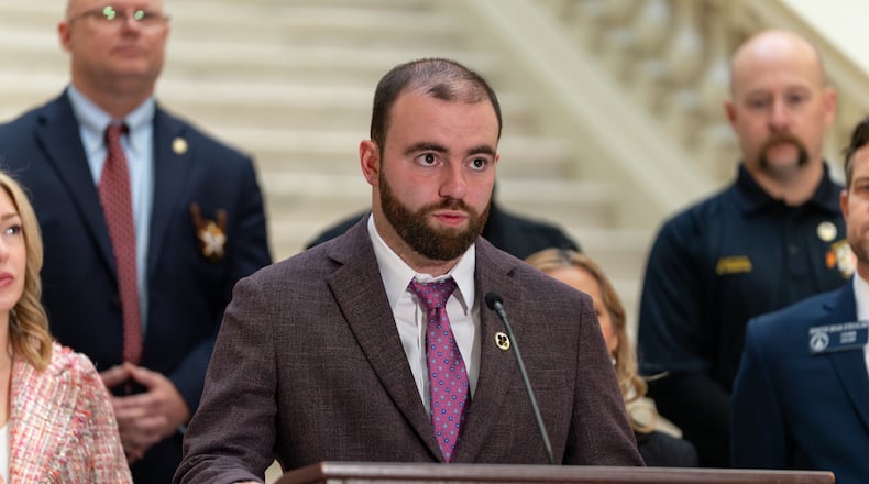 "Love On The Spectrum" star Connor Tomlinson advocates for Senate Bill 433, also known as Rio’s Law on Thursday, Jan 29, 2026. The bill would create specialty license plates and provide law enforcement with training focused on autism awareness. (Ben Hendren for the AJC)