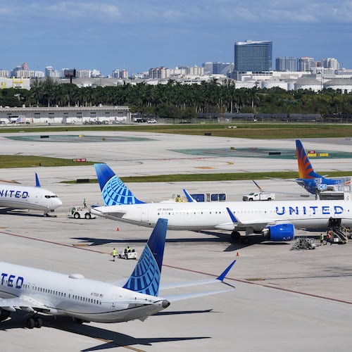 United Airlines aircraft move from the gate at Fort Lauderdale-Hollywood International Airport, Thursday, Nov. 13, 2025, in Fort Lauderdale, Fla. (AP Photo/Lynne Sladky)