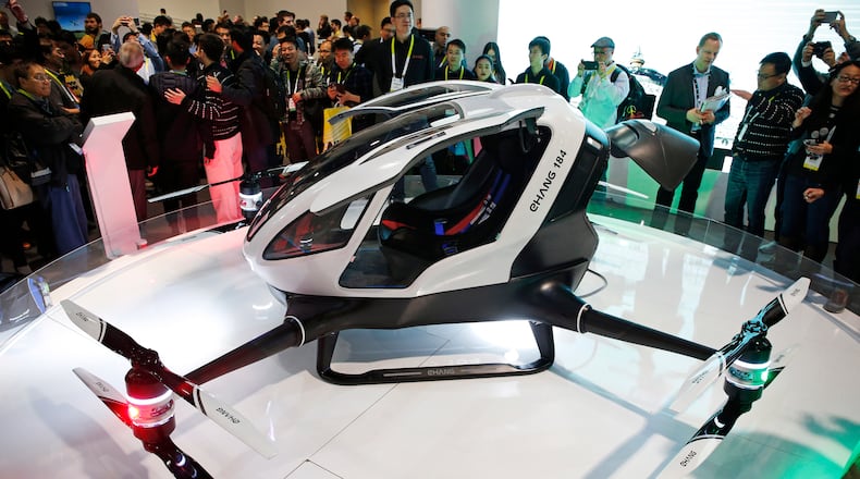 The EHang 184 autonomous aerial vehicle is desplayed at the EHang booth at CES International in Las Vegas.