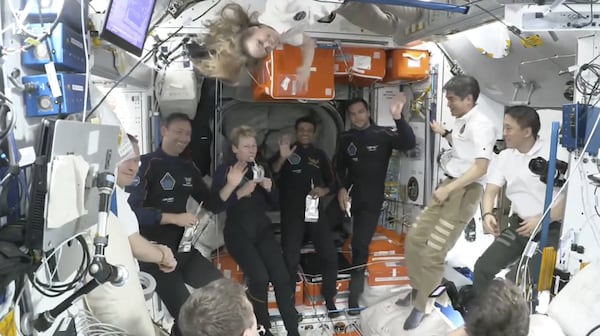 This image provided by NASA shows from second left, Poland's Slawosz Uznanski-Wisniewski, Axiom Space's Peggy Whitson, India's Shubhanshu Shukla and Hungary's Tibor Kapu aboard the International Space Station, Thursday June 26, 2025. (NASA via AP)