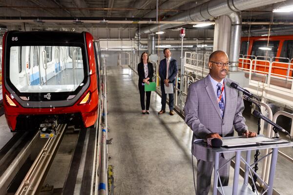 Airport Transportation Systems Director Ken Williams speaks about the new Plane Train car during a press conference at Hartsfield-Jackson Atlanta International Airport Maintenance Facility in Atlanta on Wednesday, May 7, 2025. (Arvin Temkar/AJC)