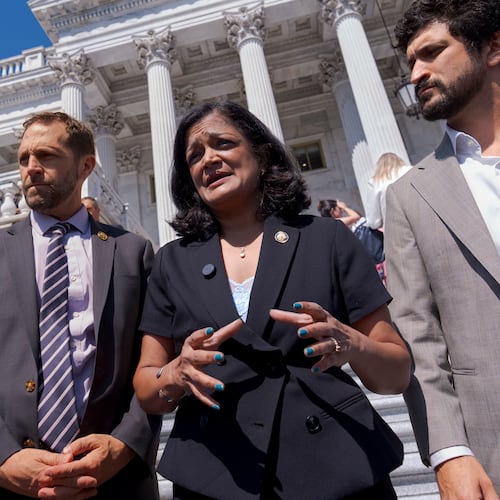 From left, Rep. Jason Crow, D-Colo., Rep. Pramila Jayapal, D-Wash., and Rep. Greg Casar, D-Texas, talk to reporters just after the House narrowly passed a resolution to halt U.S. military action in Iran, at the Capitol in Washington, Thursday, July 23, 2026. (AP Photo/J. Scott Applewhite)