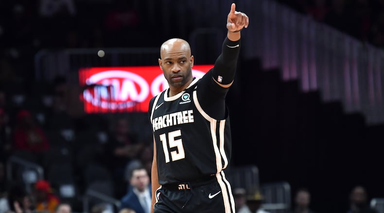 Atlanta Hawks guard Vince Carter (15) reacts in the first half during a NBA basketball game at State Farm Arena on Saturday, January 18, 2020. (Hyosub Shin / Hyosub.Shin@ajc.com)
