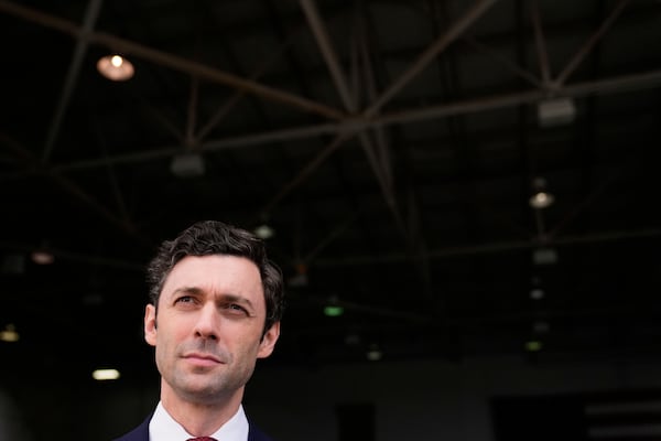 Sen. Jon Ossoff, D-Ga., speaks during an interview at Dobbins Air Reserve Base, Saturday, April 26, 2025, in Marietta, Ga. (AP Photo/Brynn Anderson)