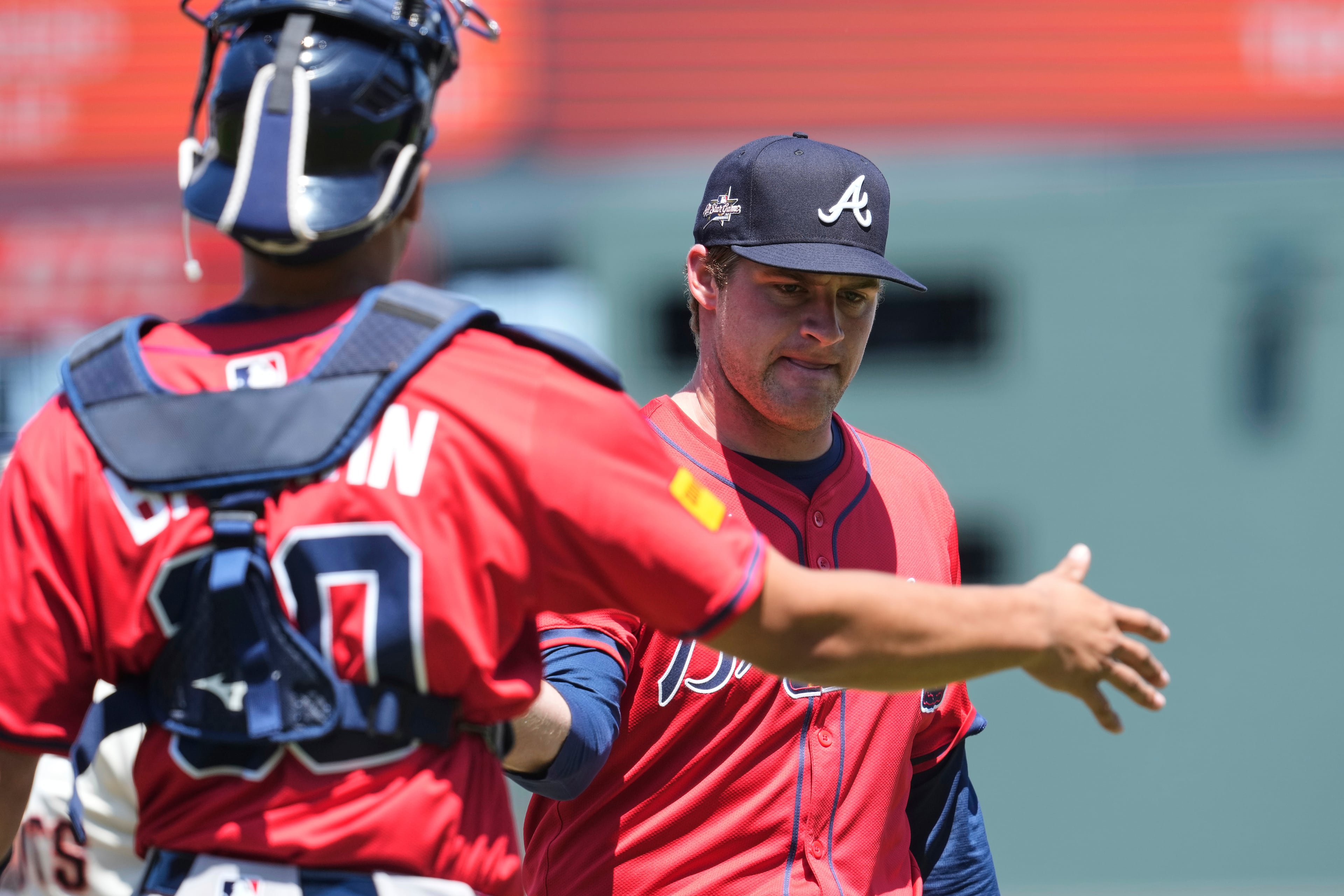 Atlanta Braves pitcher Bryce Elder, right, and catcher Drake Baldwin walk to the dugout after the seventh inning of a baseball game against the San Francisco Giants, Saturday, June 7, 2025, in San Francisco. (AP Photo/Godofredo A. Vásquez)