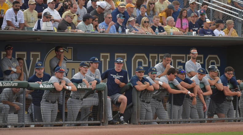June 1, 2019 Atlanta - Georgia Tech players watch from their dugout in the second inning during the second game of the NCAA regionals at Russ Chandler Stadium in Georgia Tech campus on Saturday, June 1, 2019. HYOSUB SHIN / HSHIN@AJC.COM