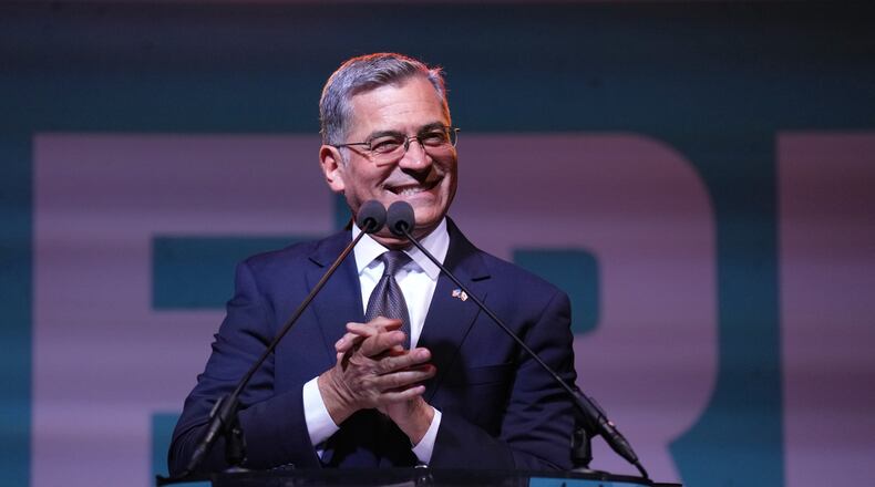 California gubernatorial candidate Xavier Becerra speaks during an election night event Tuesday, June 2, 2026, in Los Angeles. (AP Photo/Jae C. Hong)