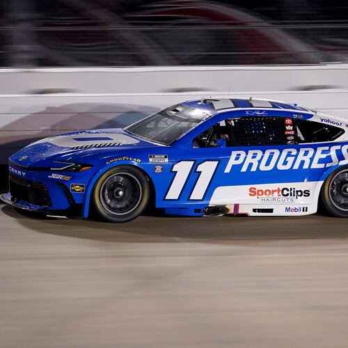 Denny Hamlin speeds around the track during a NASCAR Cup Series auto race, Sunday, May 31, 2026, in Lebanon, Tenn. (AP Photo/Camden Hall)